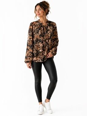 Free People Oversized XS Snake Print Lace Tie Neck Sheer Blouse Boho